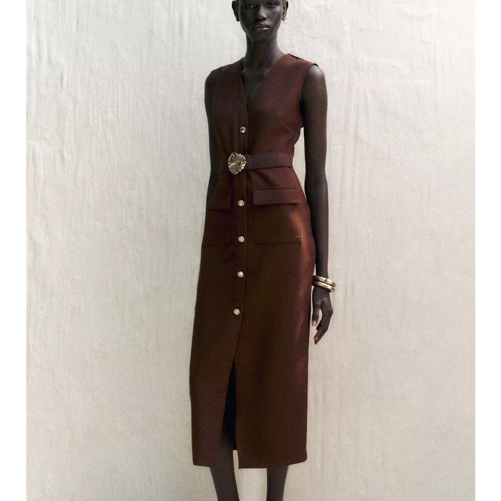 Zara Brown Sleeveless Midi Dress with Belt